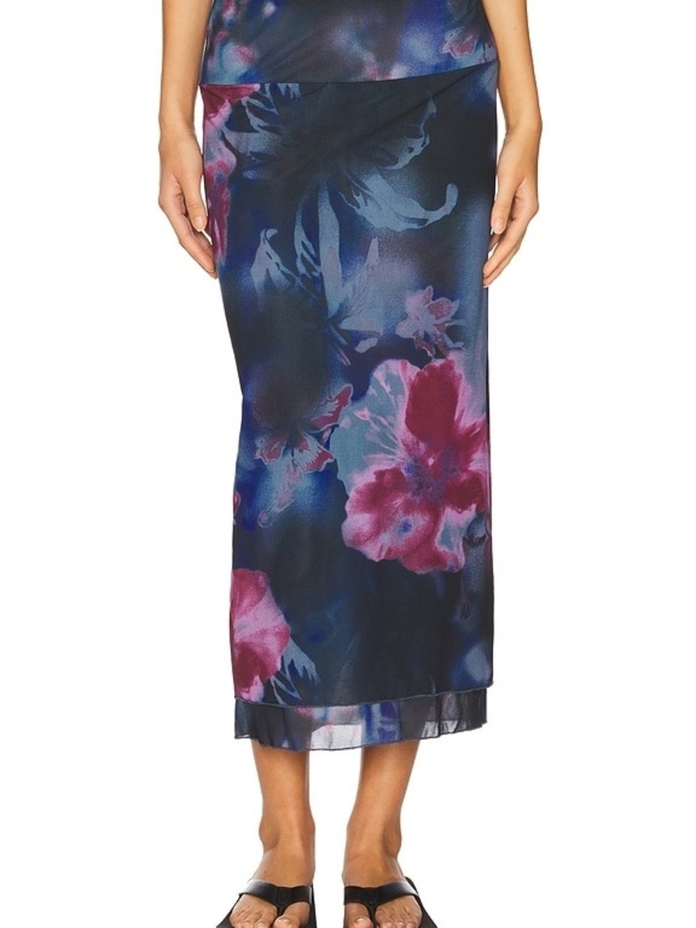 Free People Sunset Mesh Maxi Skirt Night Combo Floral Sheer Overlay Size S